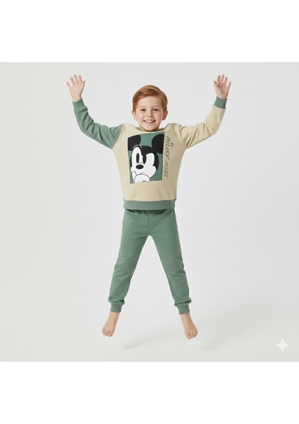 2-5 Yaş Mickey Mouse Baskılı Çizgili Bisiklet Yaka Çocuk Eşofman Takımı | Mevsimlik fırsatları