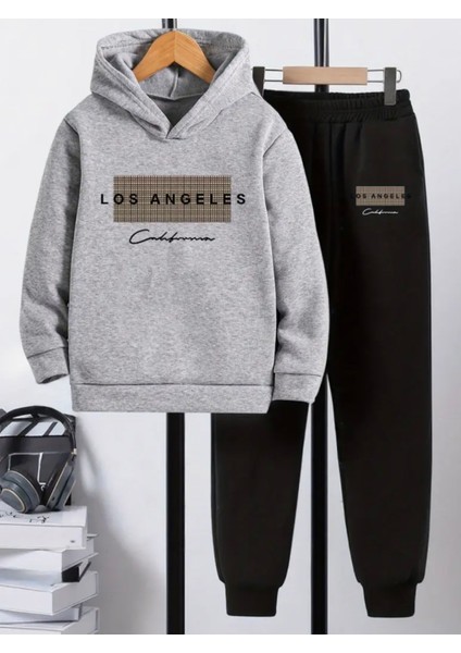 Büyük Beden Özel Tasarım Kapüşonlu Los Angeles Calıfornıa Baskılı %100 Pamuk Kışlık Erkek Eşofman Takımı