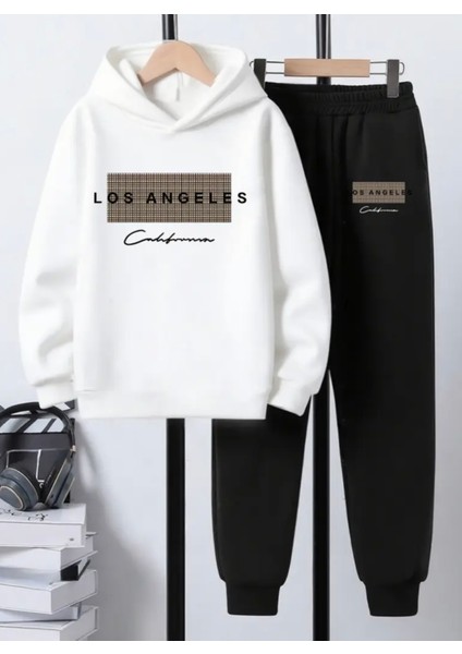 Büyük Beden Özel Tasarım Kapüşonlu Los Angeles Calıfornıa Baskılı %100 Pamuk Kışlık Erkek Eşofman Takımı
