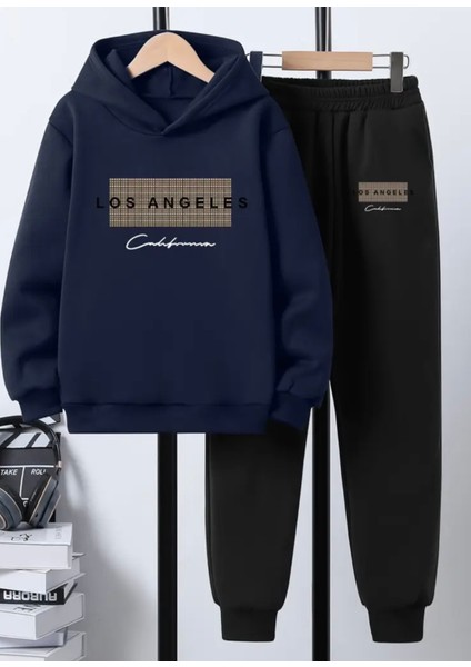 Özel Tasarım Kapüşonlu Los Angeles California Baskılı %100 Pamuk Kışlık Erkek Çocuk Eşofman Takımı