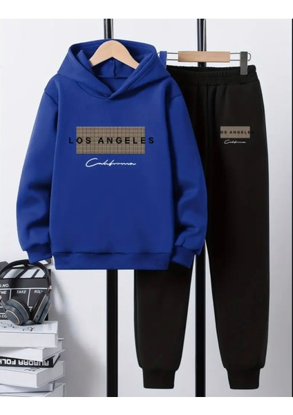 Özel Tasarım Kapüşonlu Los Angeles California Baskılı %100 Pamuk Kışlık Erkek Çocuk Eşofman Takımı