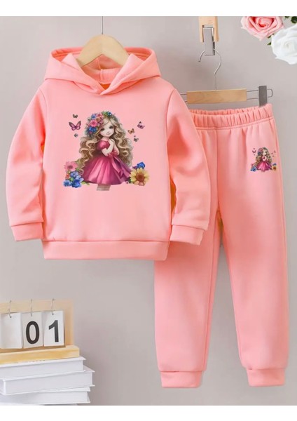 Punıx Kıds Özel Seri Kapüşonlu Prensesin Kelebekleri Baskılı %100 Pamuk Kışlık Kız Çocuk Eşofman Takımı