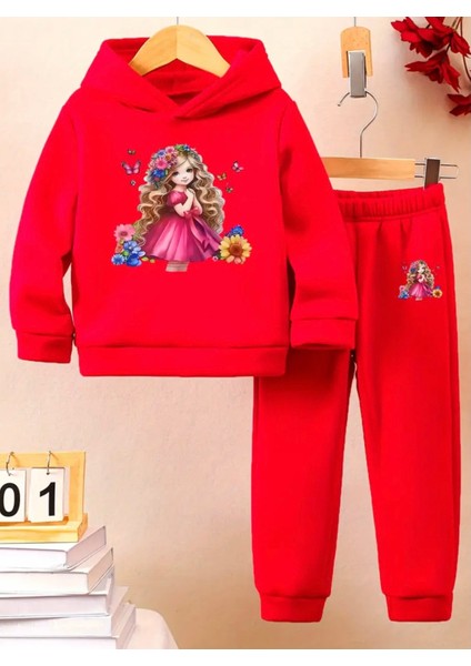 Punıx Kıds Özel Seri Kapüşonlu Prensesin Kelebekleri Baskılı %100 Pamuk Kışlık Kız Çocuk Eşofman Takımı