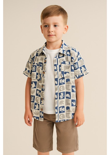 Desenli Keten Gömlekli Gabardin Şortlu Erkek Çocuk Yazlık Takım