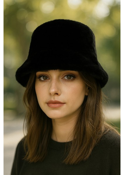Siyah Kadın Peluş Kova Model Balıkçı Bucket Şapka (Standart Içi Astarlı)