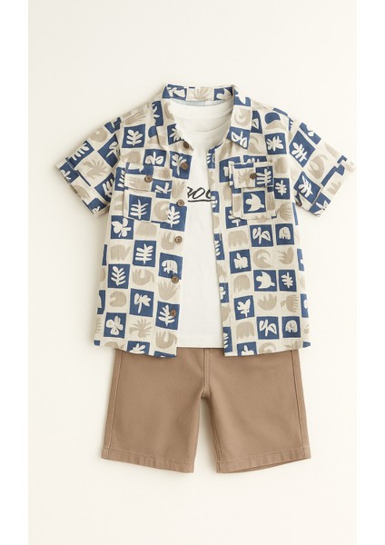 Desenli Keten Gömlekli Gabardin Şortlu Erkek Çocuk Yazlık Takım modelleri