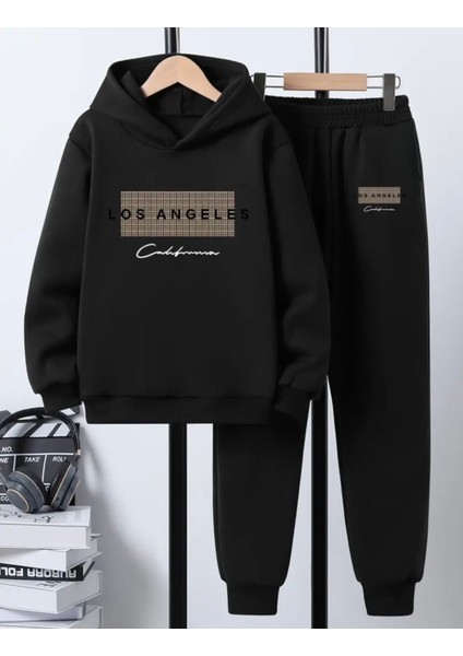 Büyük Beden Özel Tasarım Kapüşonlu Los Angeles Calıfornıa Baskılı %100 Pamuk Kışlık Erkek Eşofman Takımı