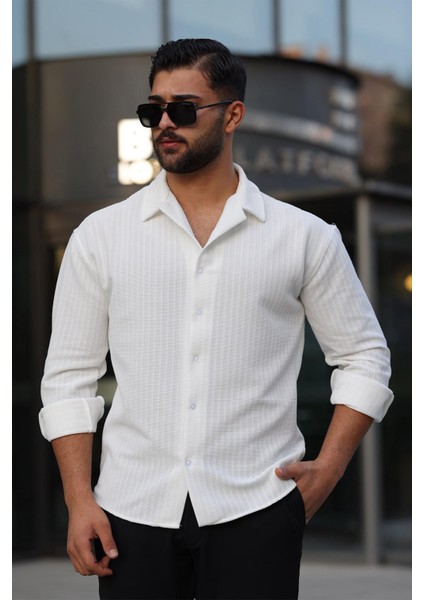 Erkek Likralı Örme Dokulu Regular Fit Casual Gömlek – Beyaz