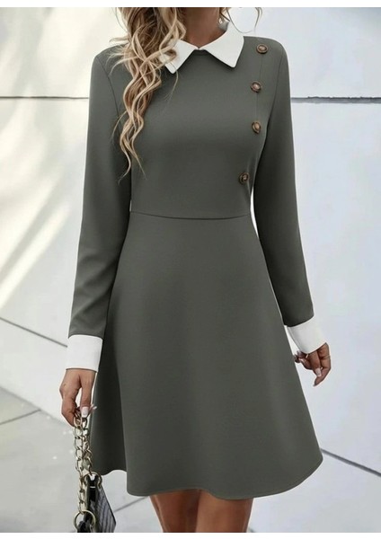 Kadın Uzun Kollu Yakalı Düğmeli Çağla Yeşili Modal Mini Elbise fiyatları