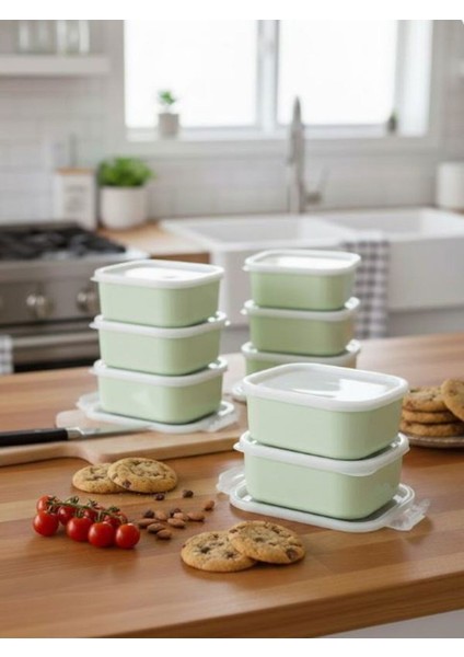 Yeşil 8 Adet Saklama Kabı Seti - Sızdırmaz Kapaklı Kahvaltılık Çerezlik Saklama Kutusu