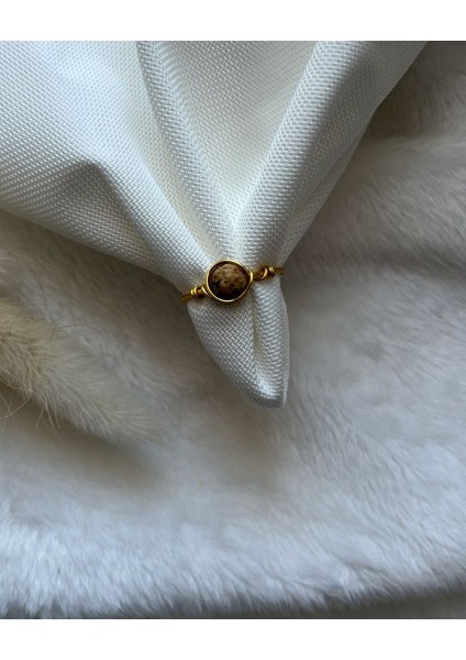 Odun Jasper Taşı Altın Renk Ayarlanabilir Tel Yüzük