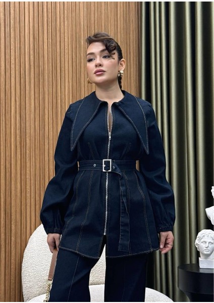 Tasarım Yaka Detaylı Ikili Kadın Kot Takım | Pantolonlu Tesettür Uyumlu Jean Takım