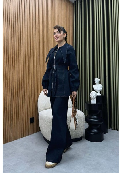 Tasarım Yaka Detaylı Ikili Kadın Kot Takım | Pantolonlu Tesettür Uyumlu Jean Takım fiyatları