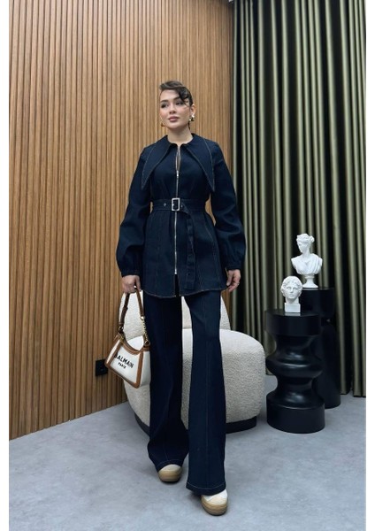 Tasarım Yaka Detaylı Ikili Kadın Kot Takım | Pantolonlu Tesettür Uyumlu Jean Takım modelleri