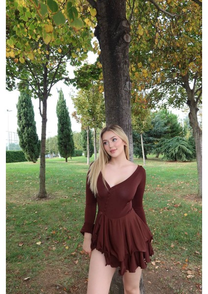 Sandy Kumaş Siyah Mini Elbise –düğme Detaylı Şortlu Fırfırlı Şık Elbise |