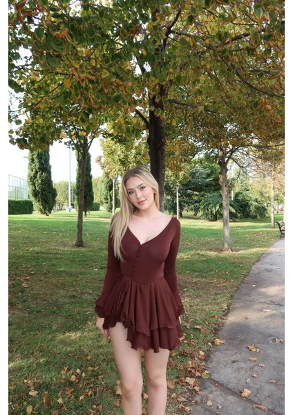 Sandy Kumaş Siyah Mini Elbise –düğme Detaylı Şortlu Fırfırlı Şık Elbise | modelleri