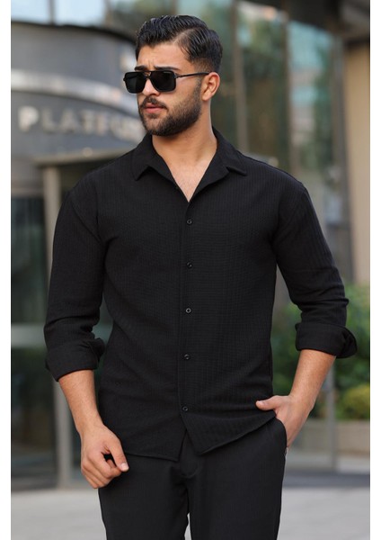 Erkek Likralı Örme Dokulu Regular Fit Casual Gömlek – Siyah