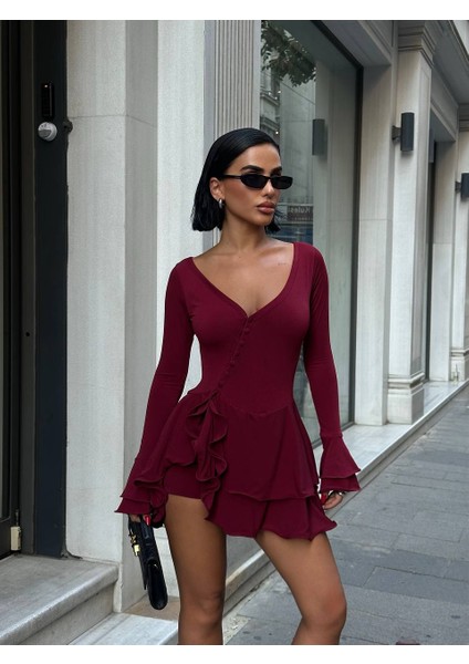 Sandy Kumaş Siyah Mini Elbise –düğme Detaylı Şortlu Fırfırlı Şık Elbise |