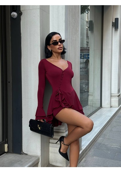 Sandy Kumaş Siyah Mini Elbise –düğme Detaylı Şortlu Fırfırlı Şık Elbise | modelleri