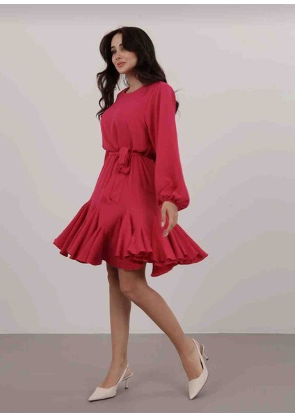 Kadın Fuşya Vatkalı Fırfır Detay Elbise