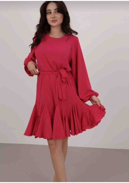 Kadın Fuşya Vatkalı Fırfır Detay Elbise fiyatları