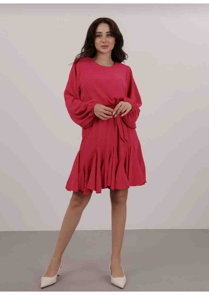 Kadın Fuşya Vatkalı Fırfır Detay Elbise modelleri
