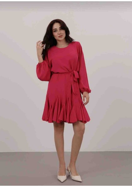Kadın Fuşya Vatkalı Fırfır Detay Elbise fırsatları
