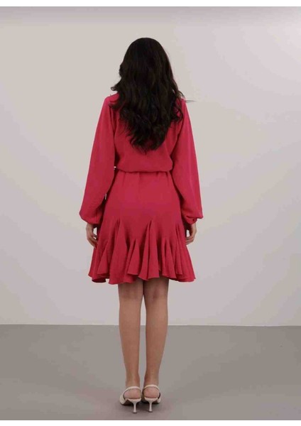 Kadın Fuşya Vatkalı Fırfır Detay Elbise indirimleri