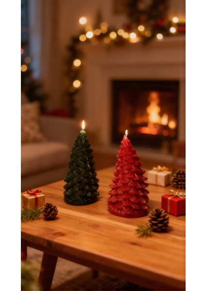 2’li Dekoratif Çam Ağacı Mum – 11X5 cm Kokusuz, Yılbaşı Süs Mum Seti