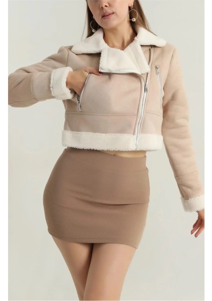 Nrzsnt Içi Kürklü Dışı Süet Kısa Kaban Bej T1186 (Beden: Xl)