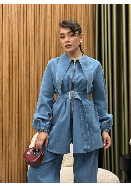 Tasarım Yaka Detaylı Ikili Kadın Kot Takım | Pantolonlu Tesettür Uyumlu Jean Takım