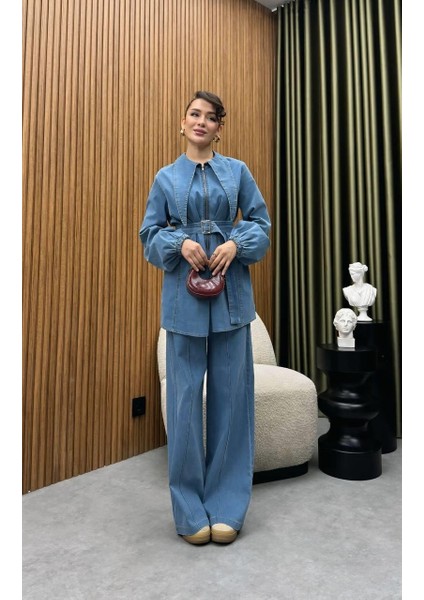 Tasarım Yaka Detaylı Ikili Kadın Kot Takım | Pantolonlu Tesettür Uyumlu Jean Takım fiyatları