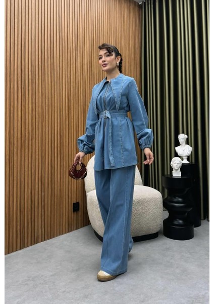 Tasarım Yaka Detaylı Ikili Kadın Kot Takım | Pantolonlu Tesettür Uyumlu Jean Takım modelleri