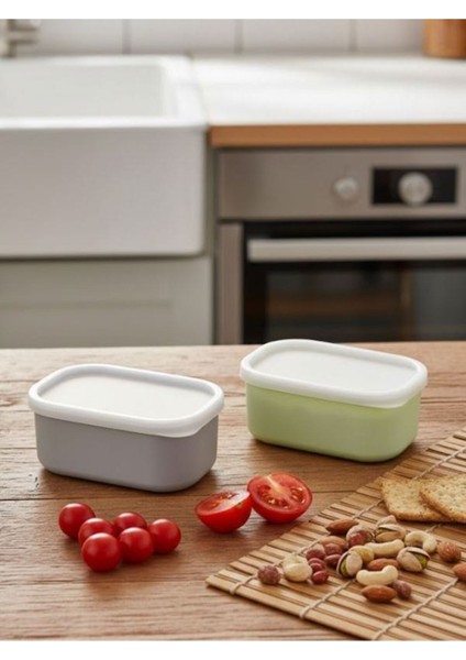 Yeşil ve Gri 2 Adet Saklama Kabı Seti - Sızdırmaz Kapaklı Kahvaltılık Çerezlik Saklama Kutusu