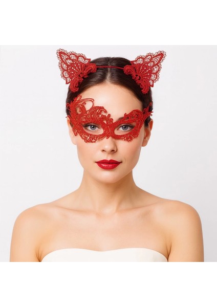 kırmızı dantel maske ve taç seti 1 no - kostüm seti modelleri