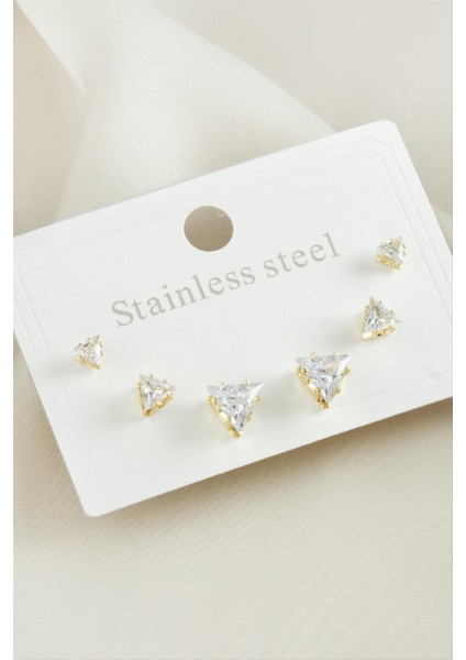 6 Adet Üçgen Zirkon Taşlı Çelik Küpe