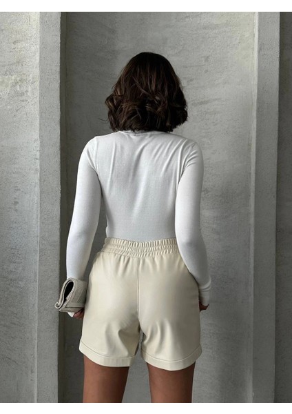 Nrzsnt Beli Lastikli Çıtçıtlı Deri Şort Krem W241007 (Beden: S) modelleri