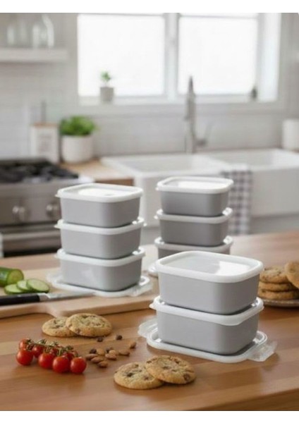 Gri 8 Adet Saklama Kabı Seti - Sızdırmaz Kapaklı Kahvaltılık Çerezlik Saklama Kutusu