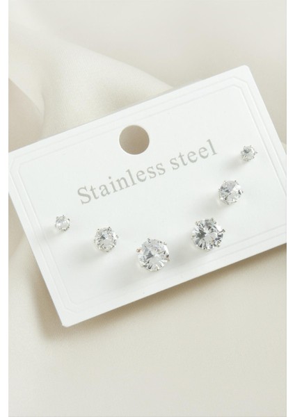 6 Adet Yuvarlak Zirkon Taşlı Çelik Küpe