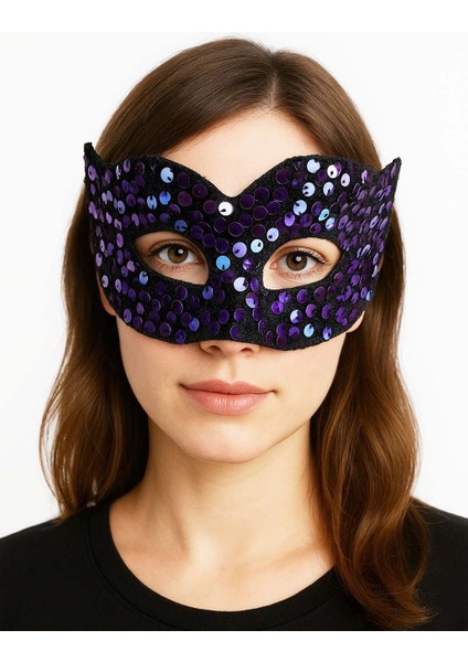 Mor Renk Arkadan Lastikli Pul Payet Işlemeli Balo After Parti Maskesi