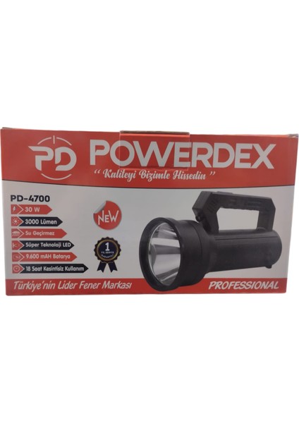 PD-4700 Profesyonel El Feneri | 30W – 3000 Lümen – 9600 Mah – Metal Kasa – Powerbank – Dijital Göstergeli