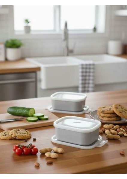 Gri 2 Adet Saklama Kabı Seti - Sızdırmaz Kapaklı Kahvaltılık Çerezlik Saklama Kutusu