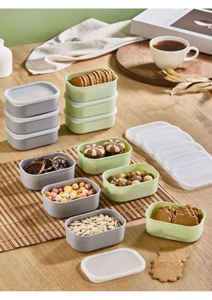 Yeşil ve Gri 12 Adet Saklama Kabı Seti - Sızdırmaz Kapaklı Kahvaltılık Çerezlik Saklama Kutusu