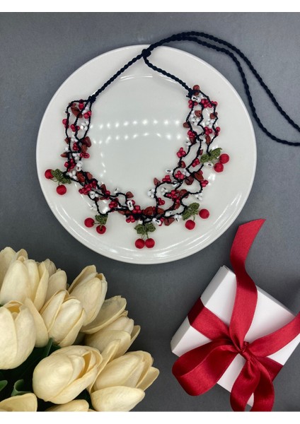 Kiraz Tığ Oyası Jasper Taşlı Şifa Kolye