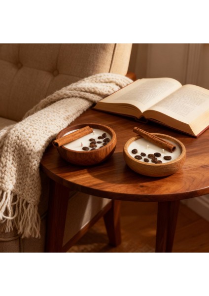 Bambu Kase 2'li Doğal Soya Wax Mum – Sandal Ağacı Kokulu, Gerçek Kahve & Tarçın Süslemeli