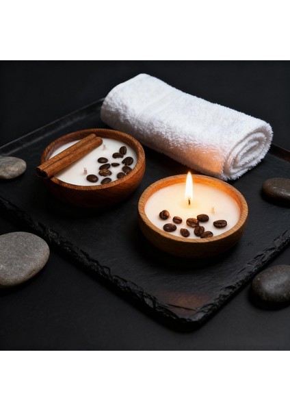 Bambu Kase 2'li Doğal Soya Wax Mum – Sandal Ağacı Kokulu, Gerçek Kahve & Tarçın Süslemeli modelleri