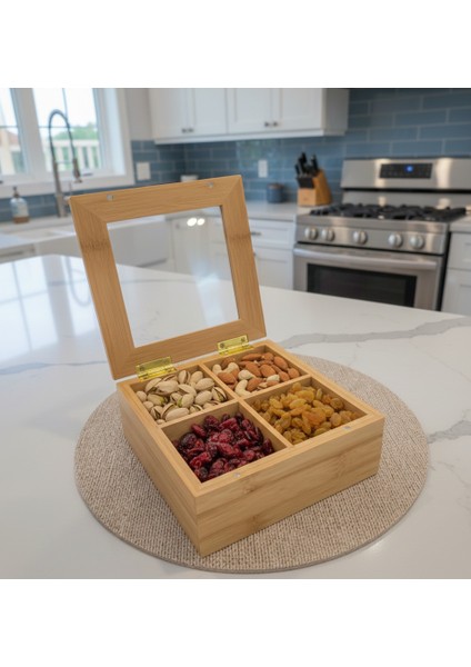 Bambu 4 Bölmeli Çerezlik Organizer – Doğal Bambu Sunumluk - Bambu Atıştırmalık Kutusu - Bambu Düzenleyici