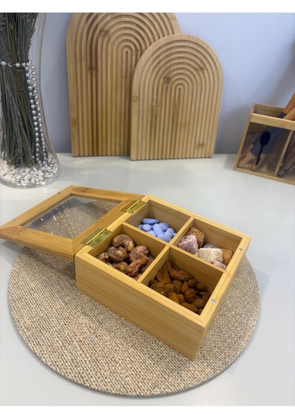 Bambu 4 Bölmeli Çerezlik Organizer – Doğal Bambu Sunumluk - Bambu Atıştırmalık Kutusu - Bambu Düzenleyici indirimleri