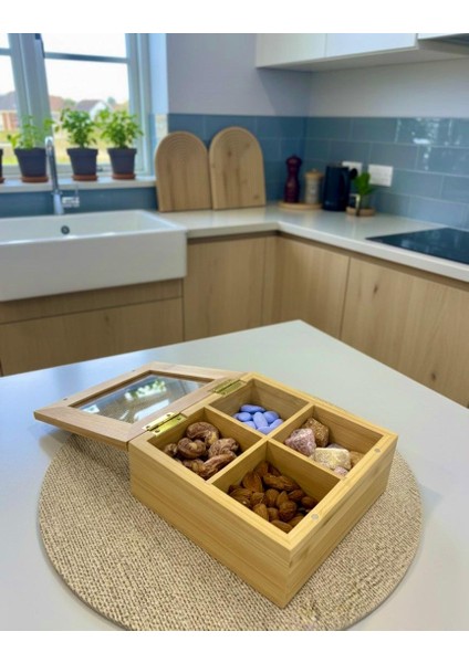 Bambu 4 Bölmeli Çerezlik Organizer – Doğal Bambu Sunumluk - Bambu Atıştırmalık Kutusu - Bambu Düzenleyici