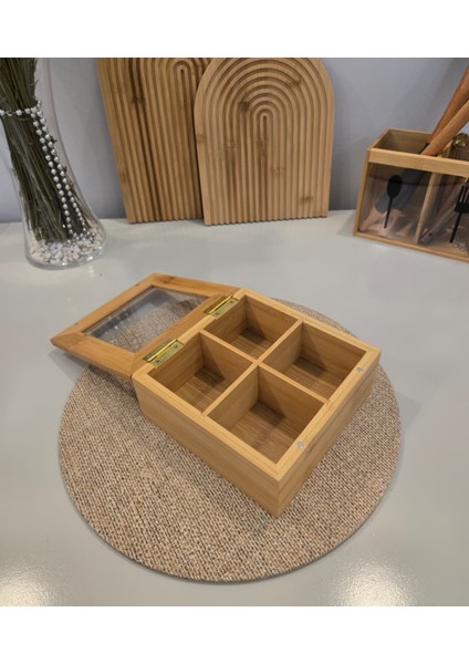 Bambu 4 Bölmeli Çerezlik Organizer – Doğal Bambu Sunumluk - Bambu Atıştırmalık Kutusu - Bambu Düzenleyici